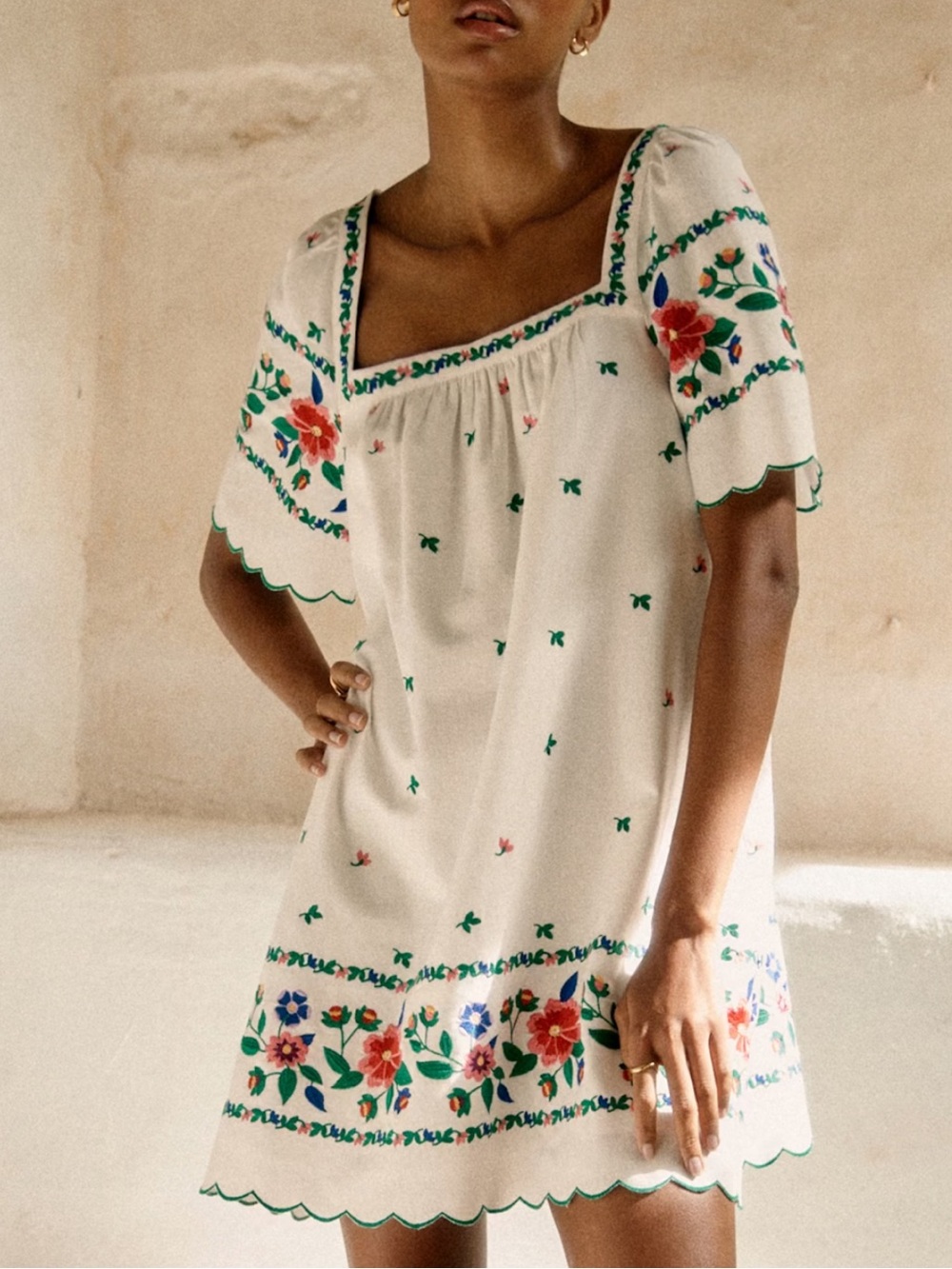 Sezane Juliana White Mini Dress with Red & Blue Floral Embroidery